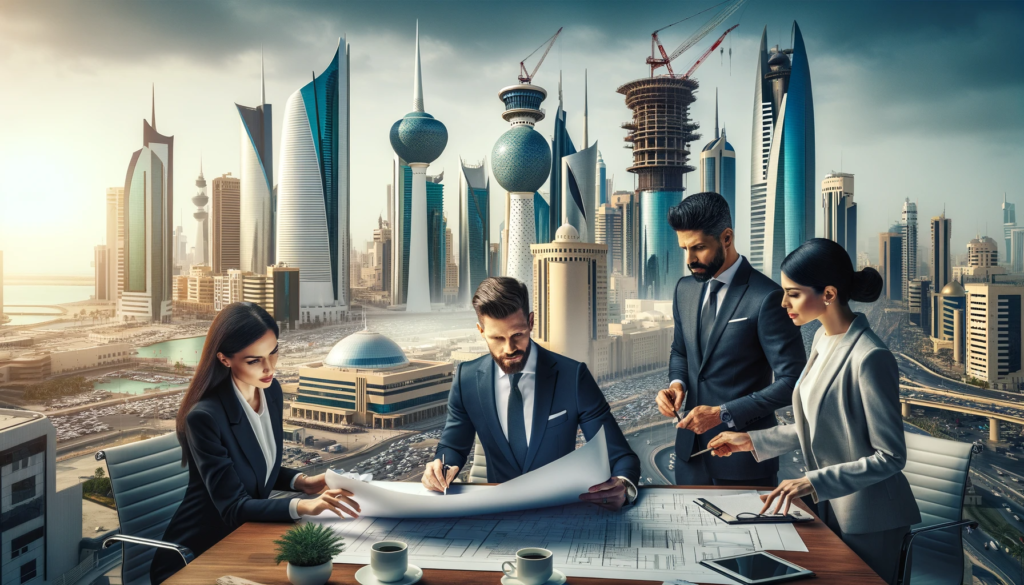 An informative graphic illustrating key steps in acquiring a business in Kuwait, including market research, legal compliance, financial planning, and cultural adaptation, set against a backdrop of Kuwait’s skyline