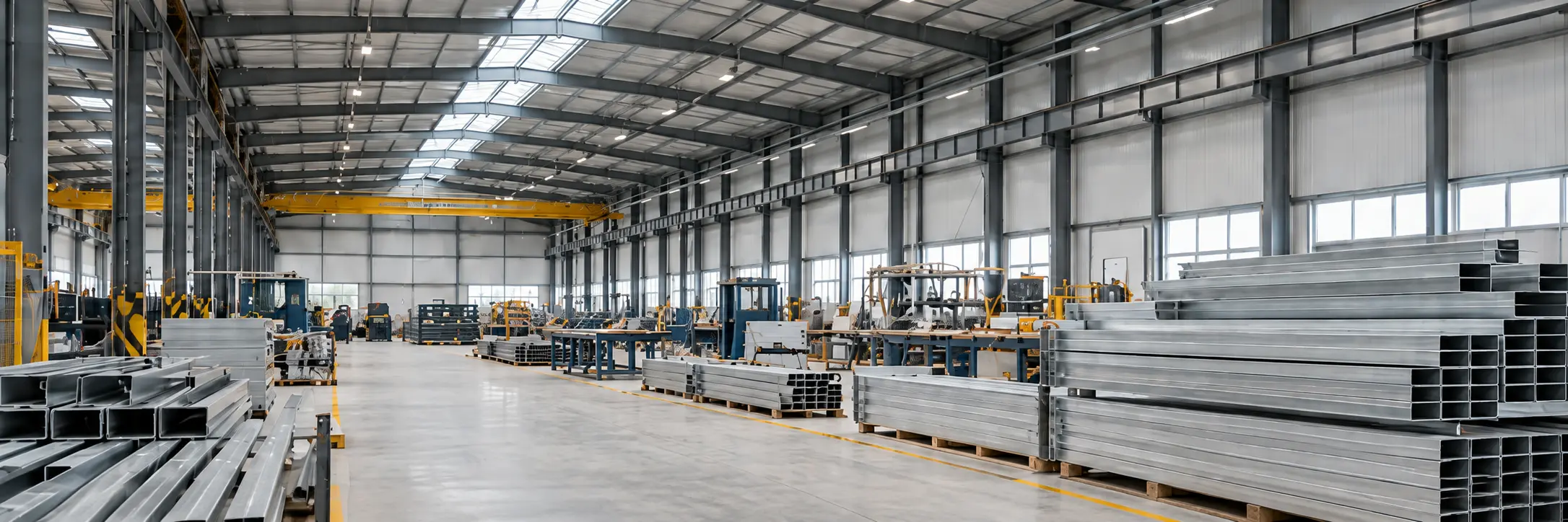Illustrative interior of a steel manufacturing hall with overhead crane and metal stock